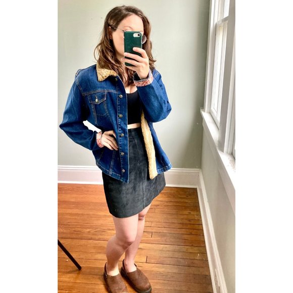 Vintage Y2K 90s Denim April Cornell Faux Fur Pink Floral Trim Jean Jacket L - Picture 8 of 11